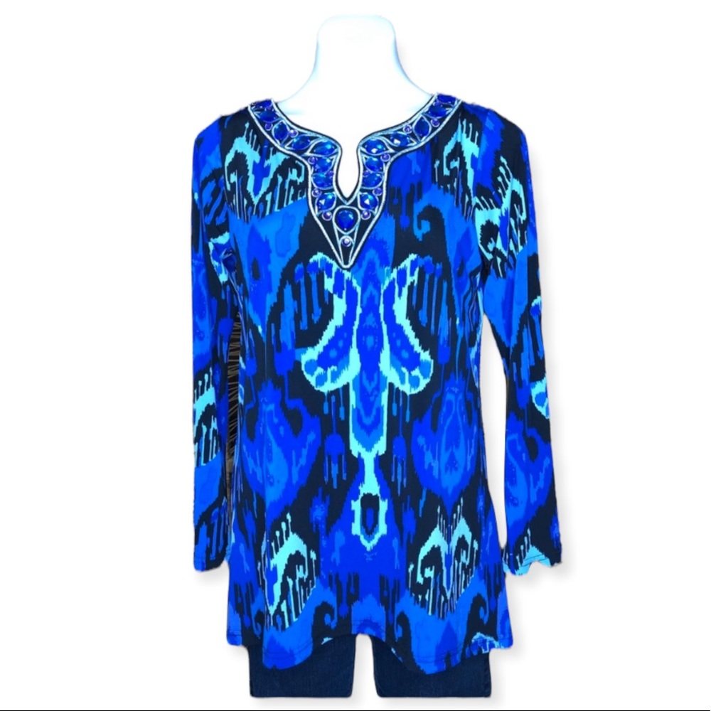 BOB MACKIE Long Sleeve Rhinestone Ikat Pattern Top Blue Size XS